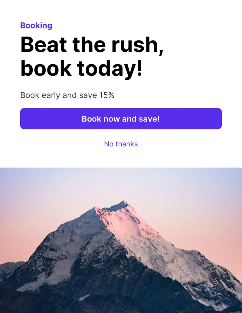 Wireframe - modal booking vertical image bottom modal template shown on an example website