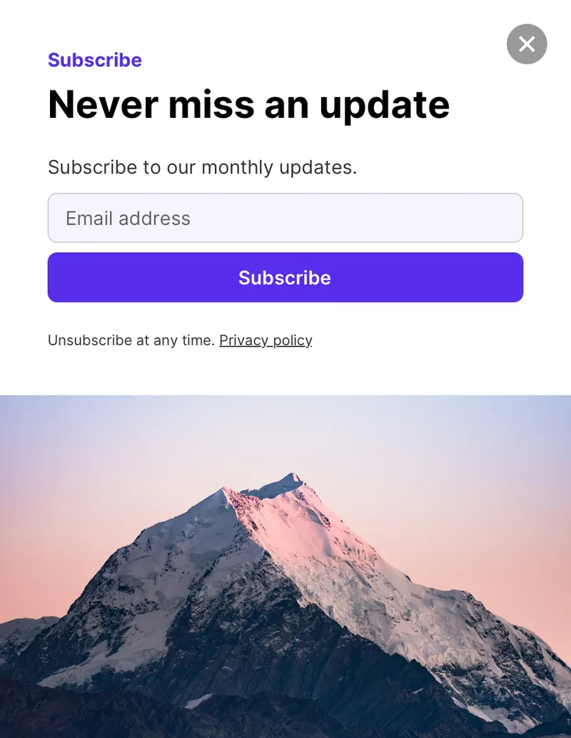 Wireframe - modal subscribe vertical image bottom template preview